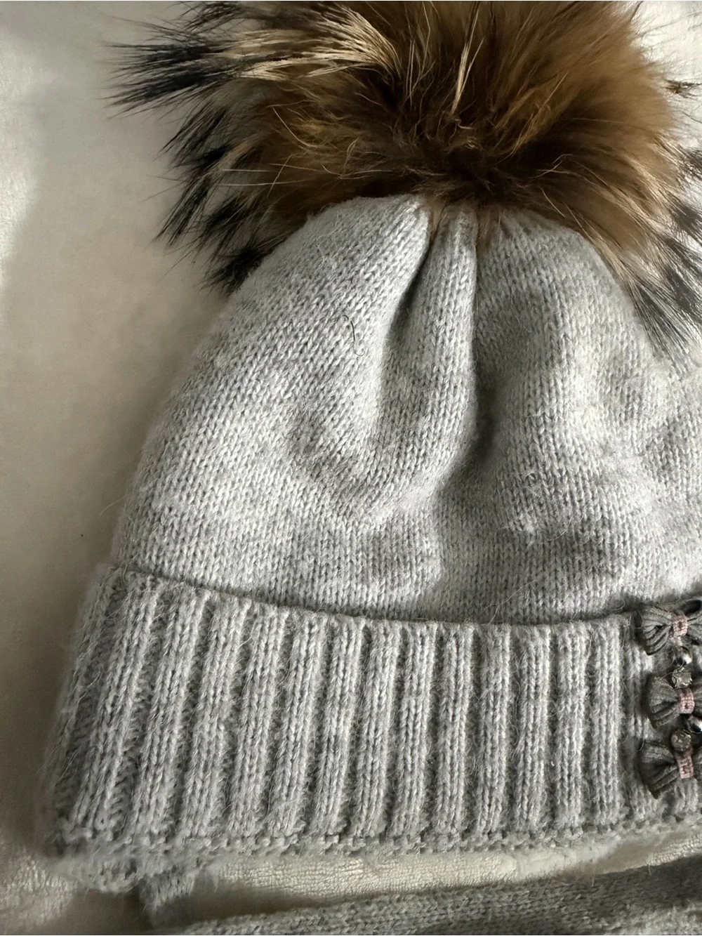 Blair Gray Knit Kids Pom Pom Hat with Faux Fur Accent